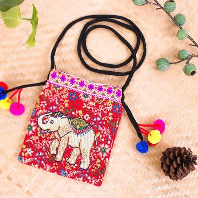 Alternate image for Cotton Blend Elephant  Floral Themed Sling Bag with Pompoms Elephant Style