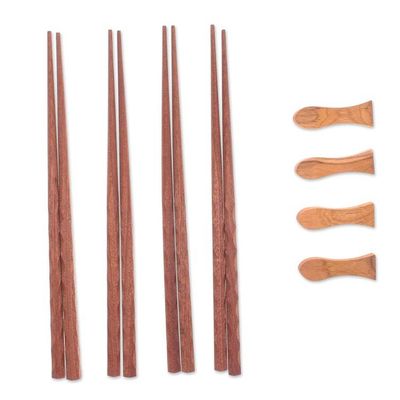 Alternate image for 4 Pairs of Teak Wood Chopsticks with Rests from Thailand Tasty Meal