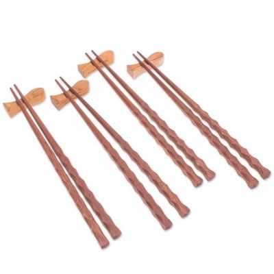 Alternate image for 4 Pairs of Teak Wood Chopsticks with Rests from Thailand Tasty Meal