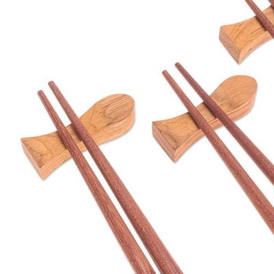 Alternate image for 4 Pairs of Teak Wood Chopsticks with Rests from Thailand Tasty Meal
