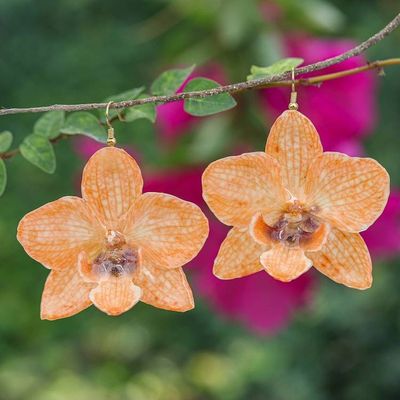 Primary image for Resin-Coated Orange Orchid Gold-Accented Statement Earrings Natural Feeling in Peach