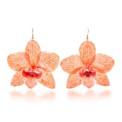 Alternate image for Resin-Coated Orange Orchid Gold-Accented Statement Earrings Natural Feeling in Peach