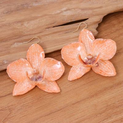 Alternate image for Resin-Coated Orange Orchid Gold-Accented Statement Earrings Natural Feeling in Peach