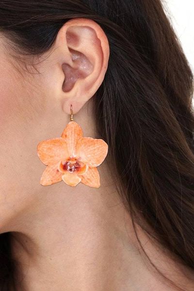 Alternate image for Resin-Coated Orange Orchid Gold-Accented Statement Earrings Natural Feeling in Peach