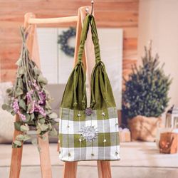 Image for Patterned Cotton Shoulder Bag from Thailand Green Plaid Elephant