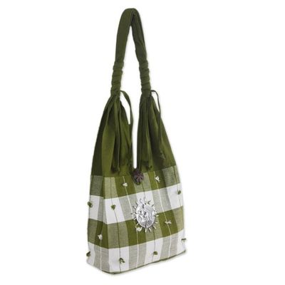 Alternate image for Patterned Cotton Shoulder Bag from Thailand Green Plaid Elephant