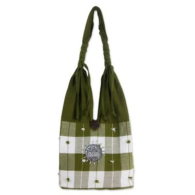Alternate image for Patterned Cotton Shoulder Bag from Thailand Green Plaid Elephant