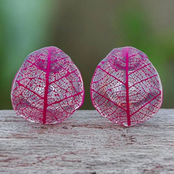 Alternate image for Pink Rubber Tree Leaf Button Earrings from Thailand Tea Garden in Pink