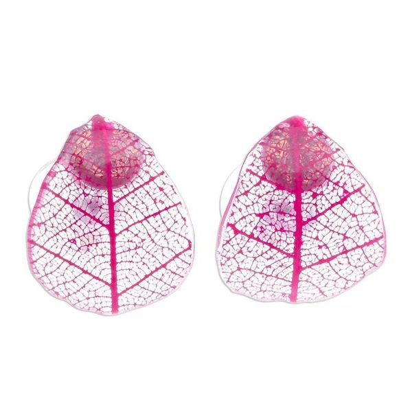 Alternate image for Pink Rubber Tree Leaf Button Earrings from Thailand Tea Garden in Pink