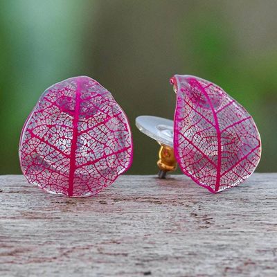 Alternate image for Pink Rubber Tree Leaf Button Earrings from Thailand Tea Garden in Pink