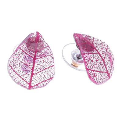 Alternate image for Pink Rubber Tree Leaf Button Earrings from Thailand Tea Garden in Pink