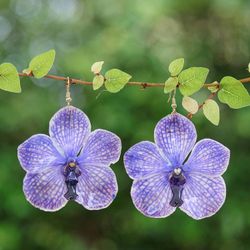 Image for Resin-Coated Purple Orchid Dangle Earrings with Golden Hooks Enchanted Petals