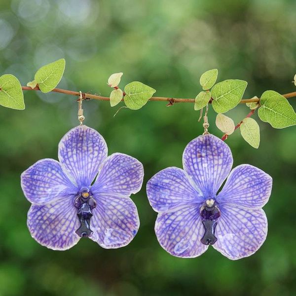 Alternate image for Resin-Coated Purple Orchid Dangle Earrings with Golden Hooks Enchanted Petals