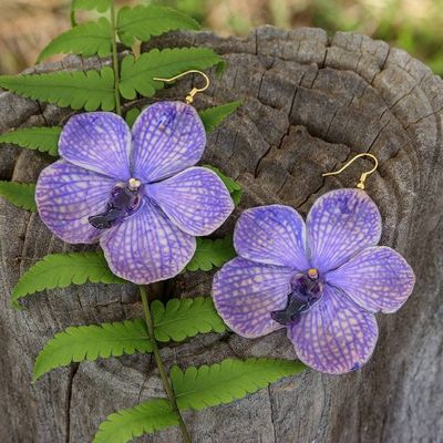 Alternate image for Resin-Coated Purple Orchid Dangle Earrings with Golden Hooks Enchanted Petals
