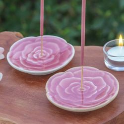 Image for Handcrafted Rose-Shaped Pink Ceramic Incense Holders Pair Dear Pink