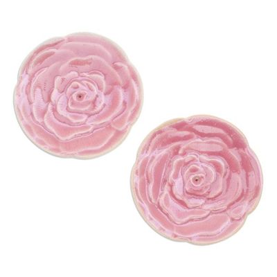 Alternate image for Handcrafted Rose-Shaped Pink Ceramic Incense Holders Pair Dear Pink