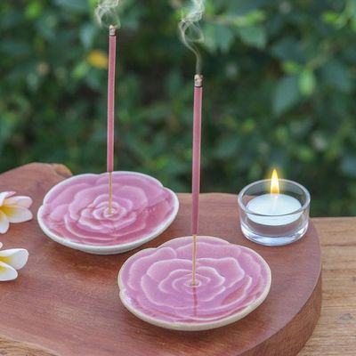 Alternate image for Handcrafted Rose-Shaped Pink Ceramic Incense Holders Pair Dear Pink