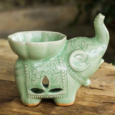 Primary image for Handmade Light Green Celadon Ceramic Elephant Oil Warmer Time to Relax