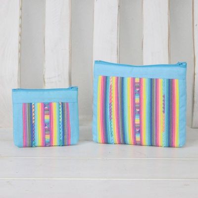 Alternate image for Handcrafted Cotton Blend Cosmetic Bags from Thailand Pair Exotic Lisu in Sky Blue