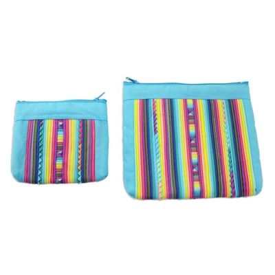 Alternate image for Handcrafted Cotton Blend Cosmetic Bags from Thailand Pair Exotic Lisu in Sky Blue
