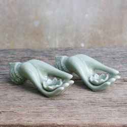 Image for Light Green Celadon Incense Holders Set of 2 from Thailand Thai Dance Hands
