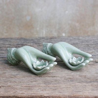 Primary image for Light Green Celadon Incense Holders Set of 2 from Thailand Thai Dance Hands