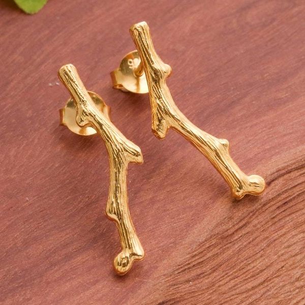 Alternate image for Artisan-Made Timber-Shaped 18k Gold-Plated Drop Earrings The Golden Timber
