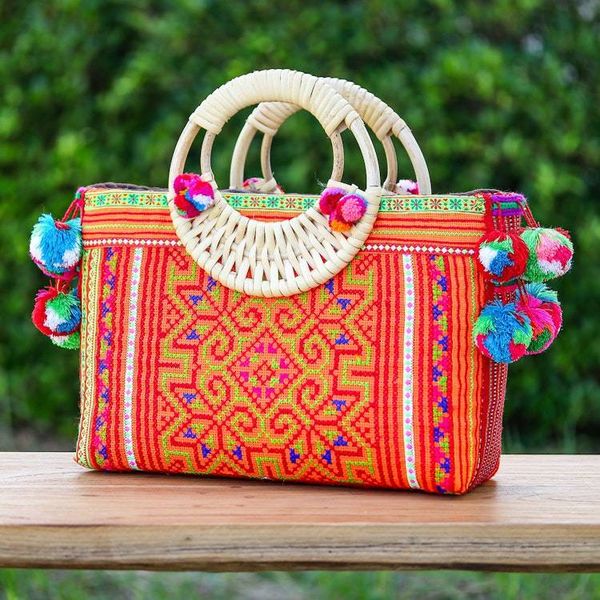 Alternate image for Folk Art-Themed Orange Cotton and Natural Fiber Handle Bag Hmong Evening