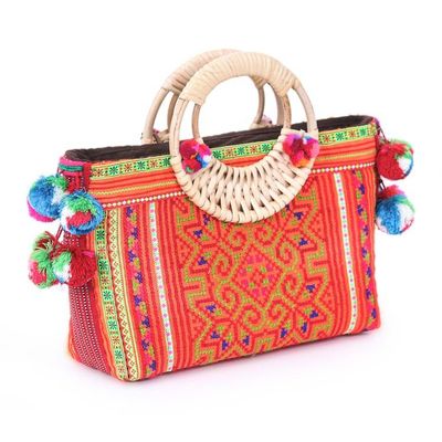 Alternate image for Folk Art-Themed Orange Cotton and Natural Fiber Handle Bag Hmong Evening