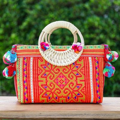 Alternate image for Folk Art-Themed Orange Cotton and Natural Fiber Handle Bag Hmong Evening