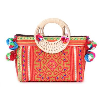 Alternate image for Folk Art-Themed Orange Cotton and Natural Fiber Handle Bag Hmong Evening