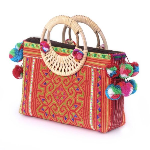 Alternate image for Folk Art-Themed Orange Cotton and Natural Fiber Handle Bag Hmong Evening