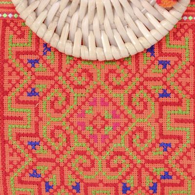 Alternate image for Folk Art-Themed Orange Cotton and Natural Fiber Handle Bag Hmong Evening