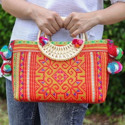 Alternate image for Folk Art-Themed Orange Cotton and Natural Fiber Handle Bag Hmong Evening