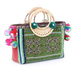 Image for Thai Traditional Green Cotton and Natural Fiber Handle Bag Hmong Harmony