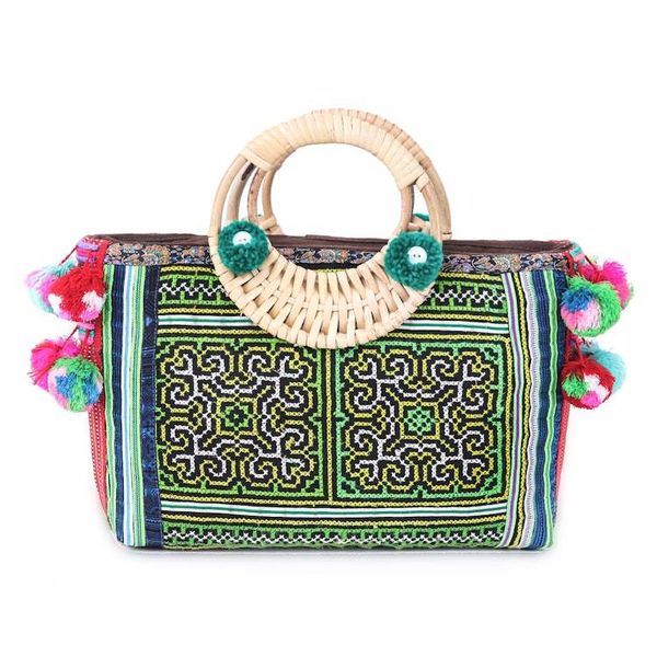 Alternate image for Thai Traditional Green Cotton and Natural Fiber Handle Bag Hmong Harmony