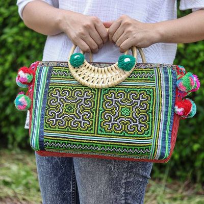 Alternate image for Thai Traditional Green Cotton and Natural Fiber Handle Bag Hmong Harmony