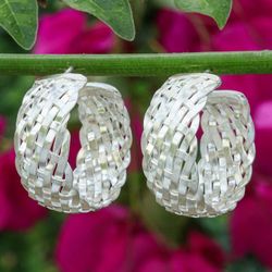 Image for Woven-Textured Silver Half-Hoop Earrings from Thailand Woven Beauty