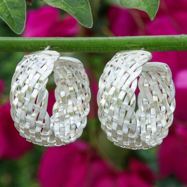 Alternate image for Woven-Textured Silver Half-Hoop Earrings from Thailand Woven Beauty