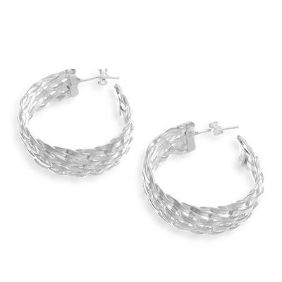 Alternate image for Woven-Textured Silver Half-Hoop Earrings from Thailand Woven Beauty