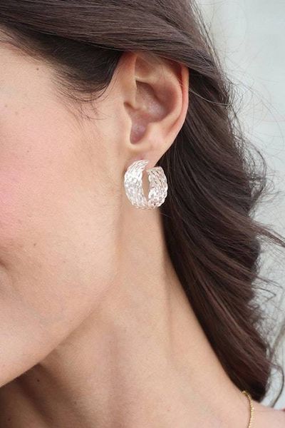 Alternate image for Woven-Textured Silver Half-Hoop Earrings from Thailand Woven Beauty