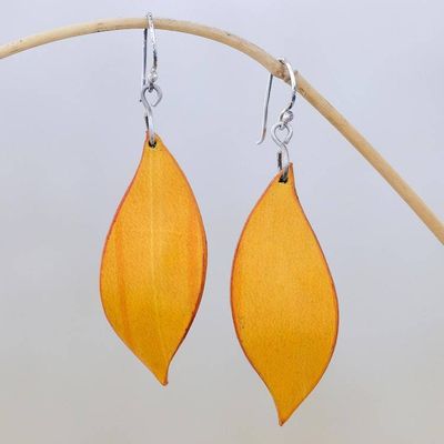 Alternate image for Leaf-Shaped Leather Dangle Earrings in Yellow from Thailand Fanciful Leaves in Yellow