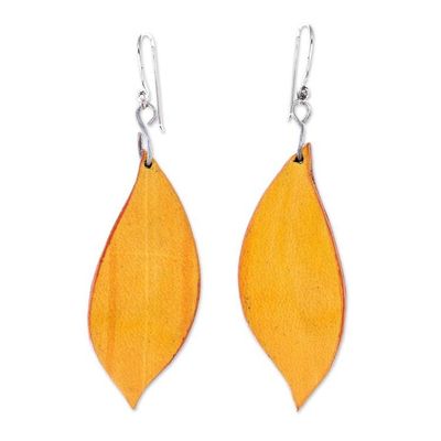 Alternate image for Leaf-Shaped Leather Dangle Earrings in Yellow from Thailand Fanciful Leaves in Yellow