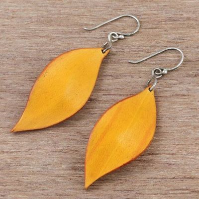 Alternate image for Leaf-Shaped Leather Dangle Earrings in Yellow from Thailand Fanciful Leaves in Yellow