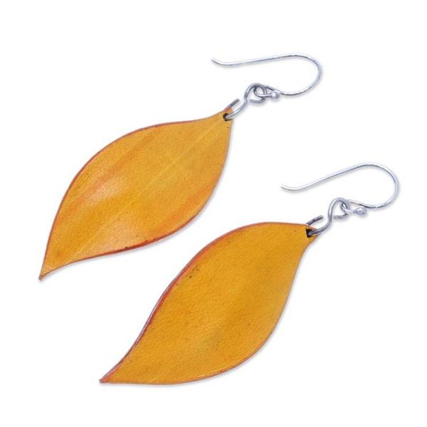 Alternate image for Leaf-Shaped Leather Dangle Earrings in Yellow from Thailand Fanciful Leaves in Yellow