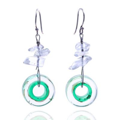 Primary image for Glass and Clear Quartz Beaded Dangle Earrings in Turquoise Lagoon Wheels