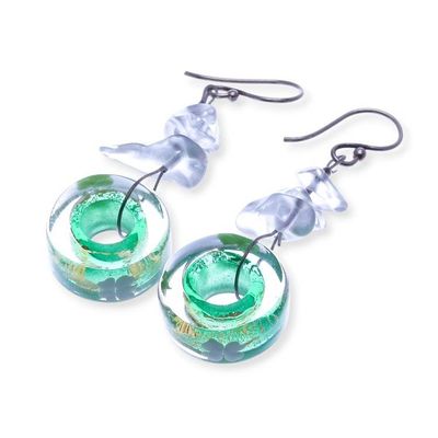 Alternate image for Glass and Clear Quartz Beaded Dangle Earrings in Turquoise Lagoon Wheels
