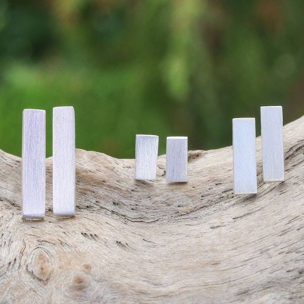 Alternate image for Minimalist Brushed-Satin Sterling Silver Bar Earrings Minimalist Vibe