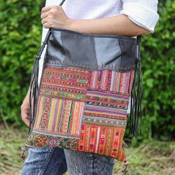 Image for Thai Hill Tribe Patchwork Cotton Blend and Leather Sling Bag Posh Patchwork
