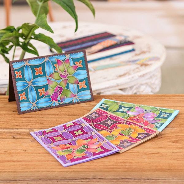 Alternate image for 4 Batik Cotton and Paper Greeting Cards with Floral Motifs Cattleya Salutations